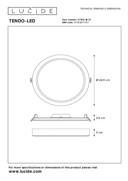 Lucide TENDO-LED - Deckenleuchte - Ø 22 cm - LED - 1x18W 3000K - Weiß - TECHNISCH